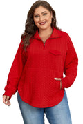 Red Cable Textured Quarter Zip Pocketed Pullover Tomato Red 95%Polyester+5%Elastane Bazaare Mart Plus Size/Plus Size Sweatshirts & Hoodies