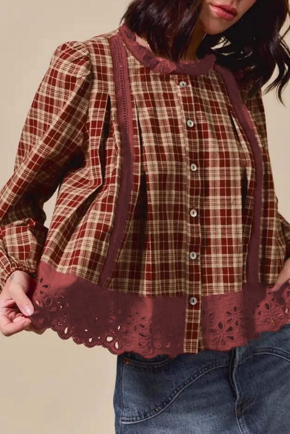 Vintage Red Plaid shirt with lace trim worn by a person against a neutral background