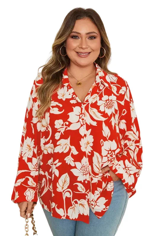 Red Floral Button Up Blouse Red 100%Viscose Bazaare Mart Plus Size/Plus Size Tops/Plus Size Blouses & Shirts