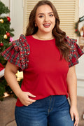 Red Plaid Pearl Ruffled Short Sleeve T-shirt Racing Red 93%Viscose+7%Elastane Bazaare Mart Plus Size/Plus Size Tops/Plus Size Blouses & Shirts