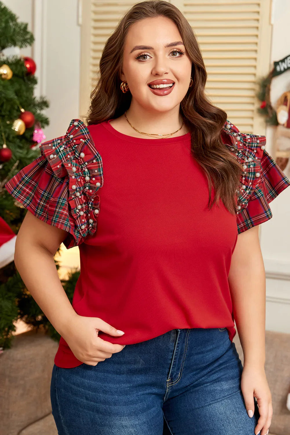Red Plaid Pearl Ruffled Short Sleeve T-shirt Racing Red 93%Viscose+7%Elastane Bazaare Mart Plus Size/Plus Size Tops/Plus Size Blouses & Shirts
