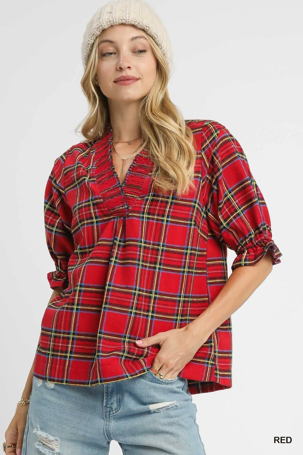 Red Plaid Smocked V-Neck Half Puff Ruffle Sleeve Flannel Top