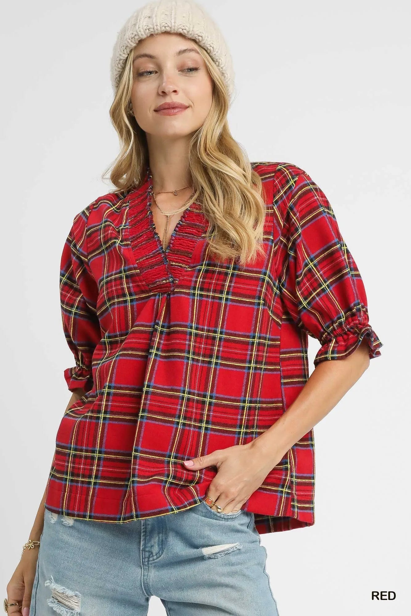Red Plaid Smocked V-Neck Half Puff Ruffle Sleeve Flannel Top