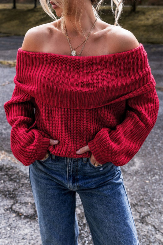 Red Ribbed Off-Shoulder Sweater