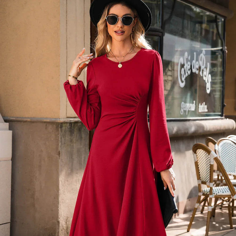 Red Round Neck Long Sleeve Dress Bazarre Mart Dresses/Midi Dresses