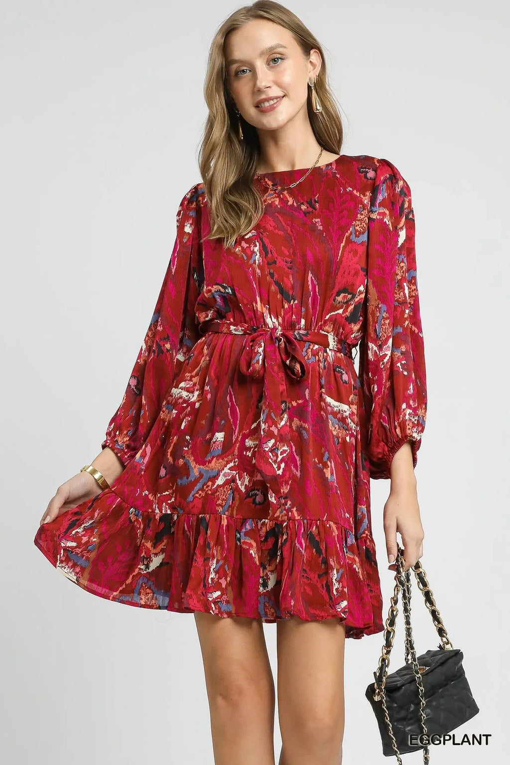 Umgee Red Ruffled Hem Printed Balloon Sleeve Dress EGGPLANT Bazaare Mart Red Ruffled Mini Dress