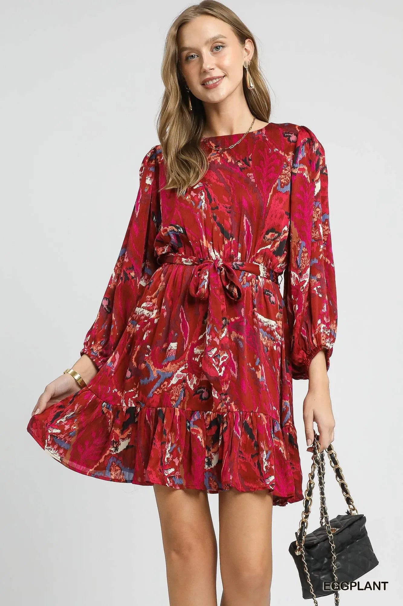 Umgee Red Ruffled Hem Printed Balloon Sleeve Dress EGGPLANT Bazaare Mart Red Ruffled Mini Dress