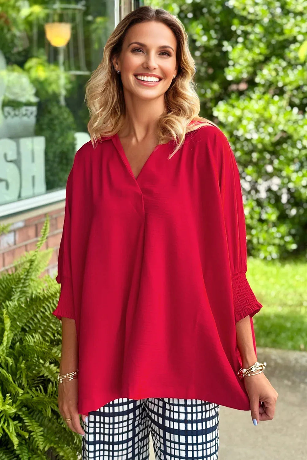 Red V Neck Collared Shirred 3/4 Sleeve Oversized Tunic Top