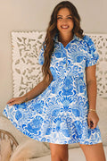 Retro Blue Floral Ruffled Mini Dress Sky Blue 100%Polyester Bazaare Mart Dresses/Floral Dresses