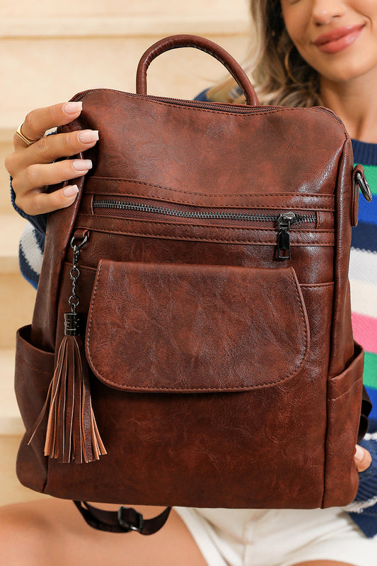 Retro Dark Brown Tassel Large Capacity Backpack
