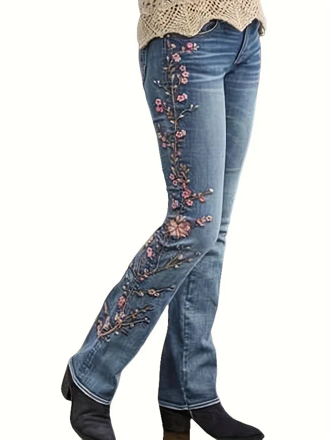 Retro Floral Embroidered Boot Cut Jeans Bazaare Mart Embroidered Boot Cut Jeans