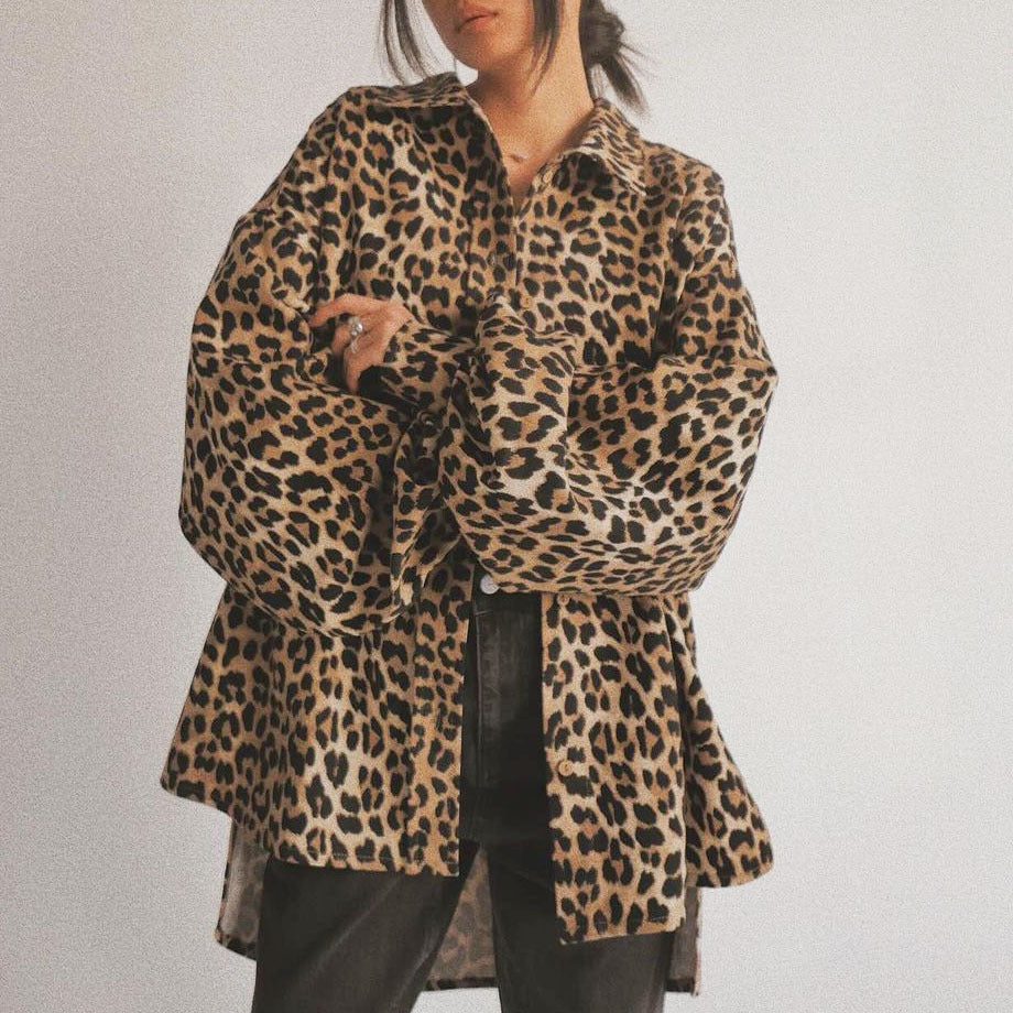 Retro Leopard Print Puff Sleeve Hi Low Jacket