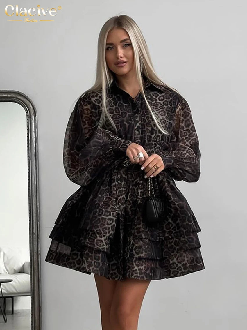 Retro Leopard Print Long Sleeve Mini Dress