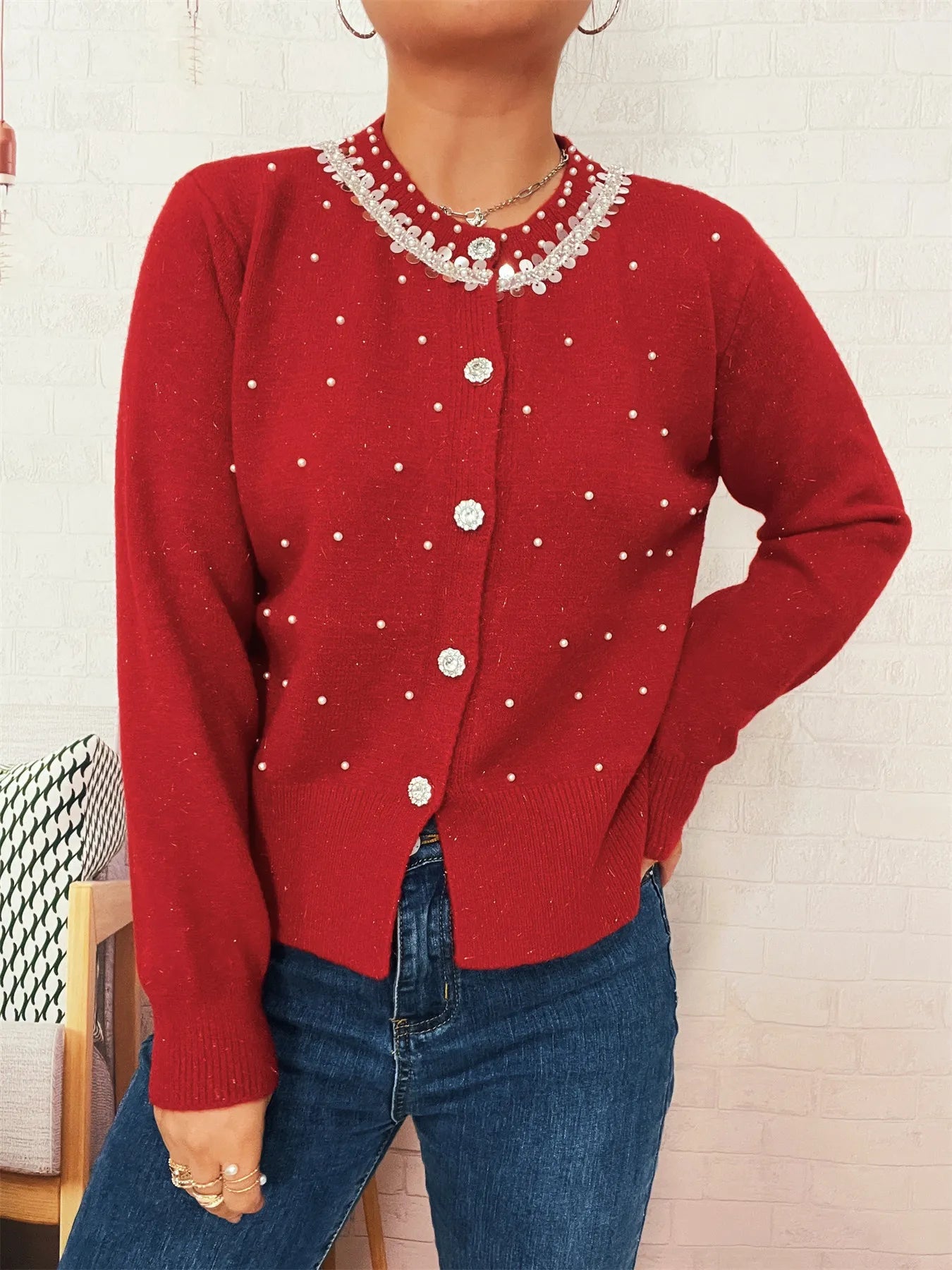 Red Retro Pearl Detail Button-Front Cardigan