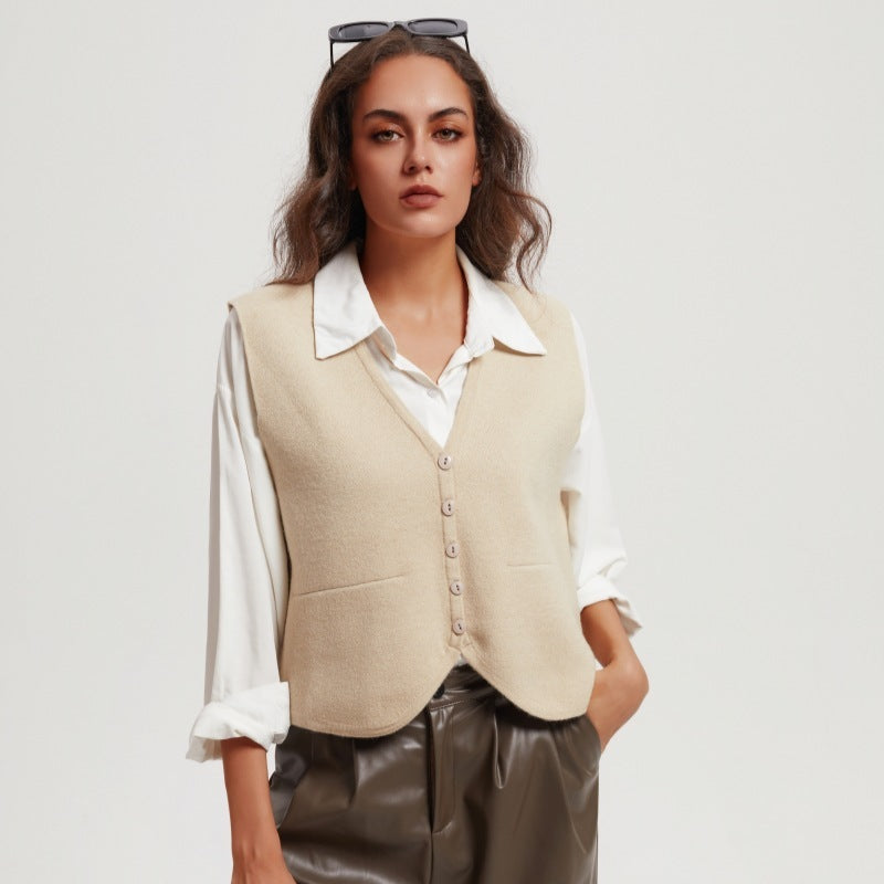 Beige Retro Single-breasted  Slit Pockets Sweater Vest
