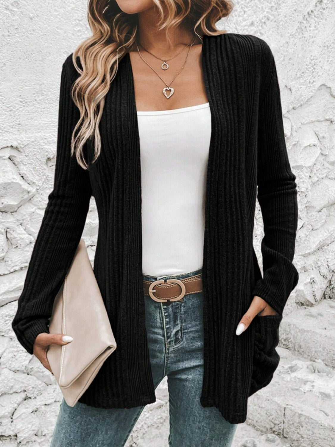 Ribbed Open Front Cardigan