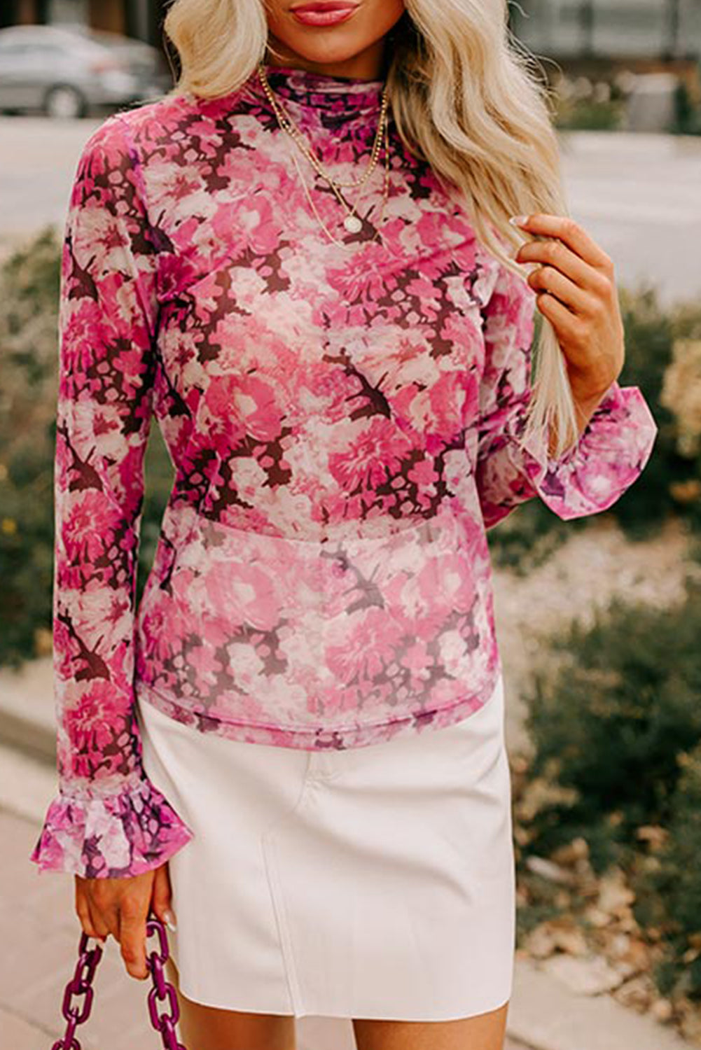 Floral Mesh Ruffle Sleeve Mock Neck Blouse