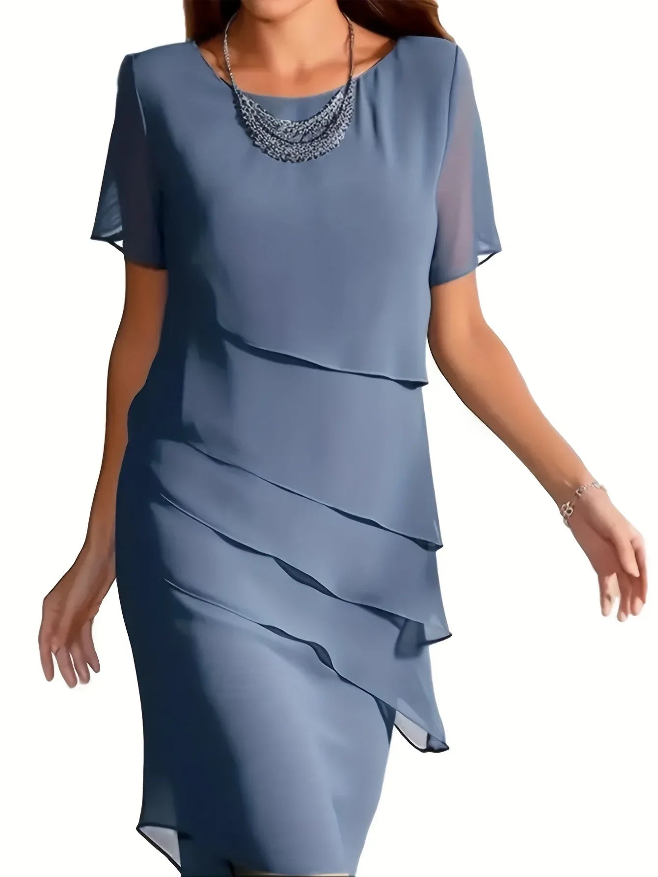 Round Neck Half Sleeve Layered Chiffon Dress Bazaare Mart Short Sleeve Dress