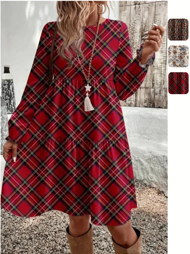 Round Neck Long Sleeve Tiered Empire Dress Bazaare Mart Round Neck Long Sleeve Tiered Empire Dress