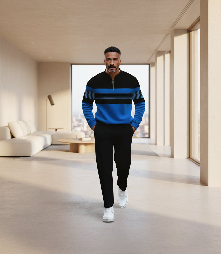 Person wearing a blue and black striped sweater with black pants 