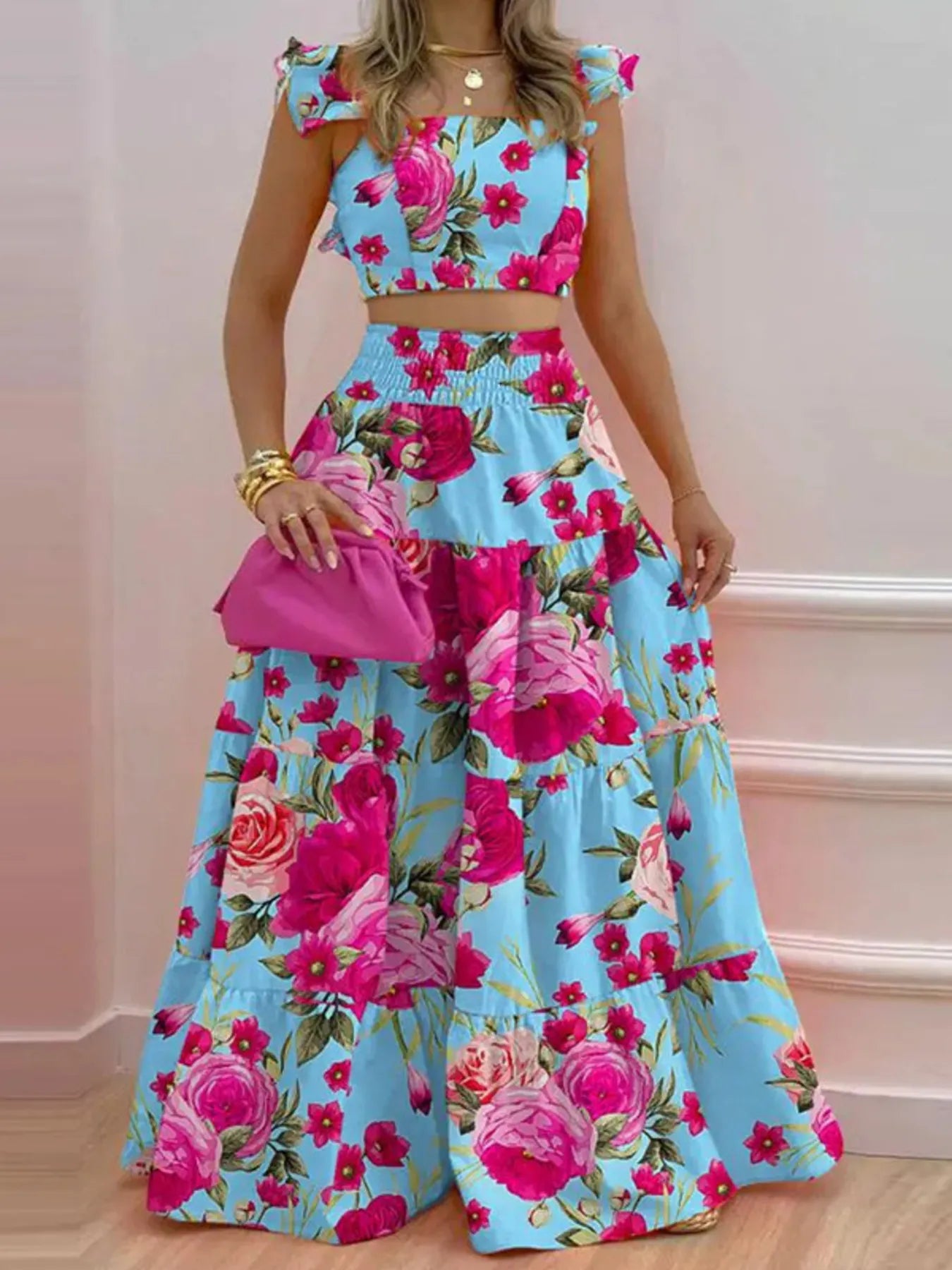 Blue and Pink Floral Ruffled Cami and Tiered Maxi Skirt Set