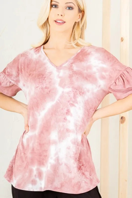 Ruffled Half Sleeve Pink Tie Dye V-Neck Top