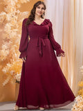 Ruffled V-neck Long Balloon Sleeve Chiffon Evening Dress Burgundy Bazaare Mart Long Sleeve Maxi Dress