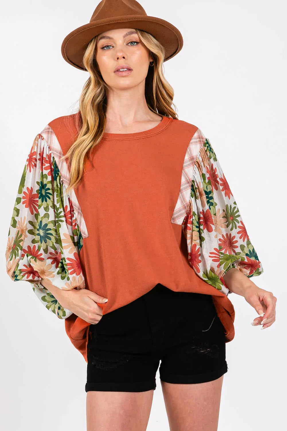 Rust Floral Puff Sleeve Patchwork Blouse Bazaare Mart Tops/Blouses & Shirts