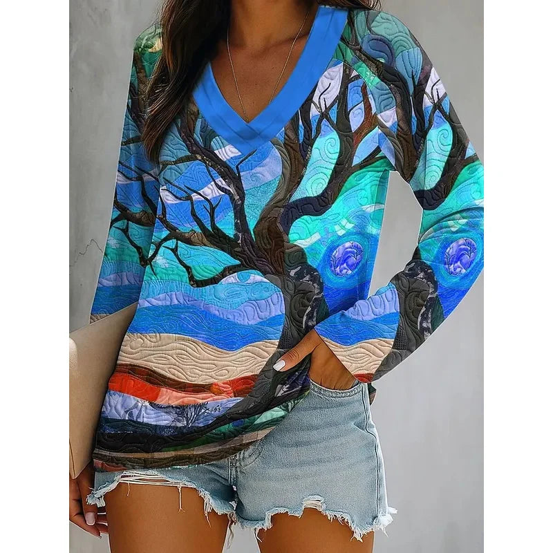 Ombre Graphic Winter Tree Long Sleeve V-Neck T-Shirts