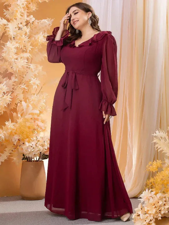 Ruffled V-neck Long Balloon Sleeve Chiffon Evening Dress Bazaare Mart Long Sleeve Maxi Dress
