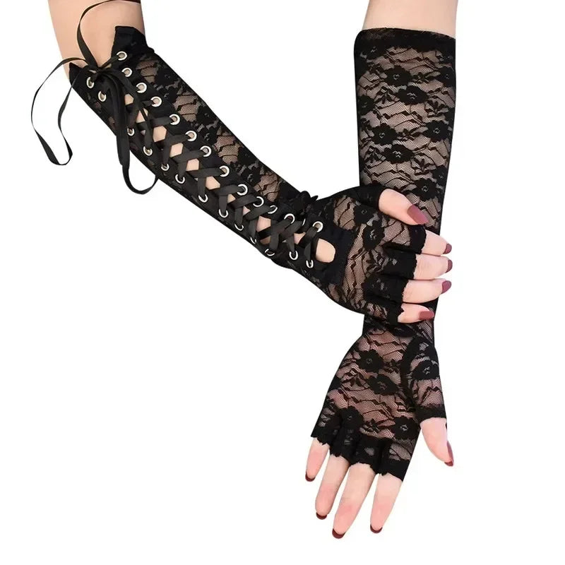 Lacy Lace Up Half-Finger Gloves