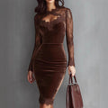 Velvet-Look Bodycon Midi Dress with Sheer Lace Sleeves – Elegant Slim-Fit Evening Dress