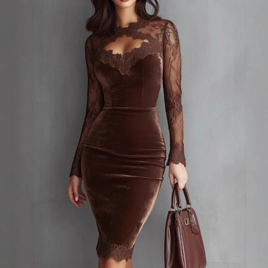 Velvet-Look Bodycon Midi Dress with Sheer Lace Sleeves – Elegant Slim-Fit Evening Dress