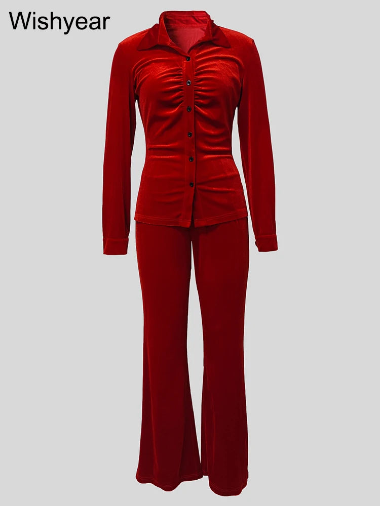 Red Long Sleeve Ruched Button Top and Flare Pants Set