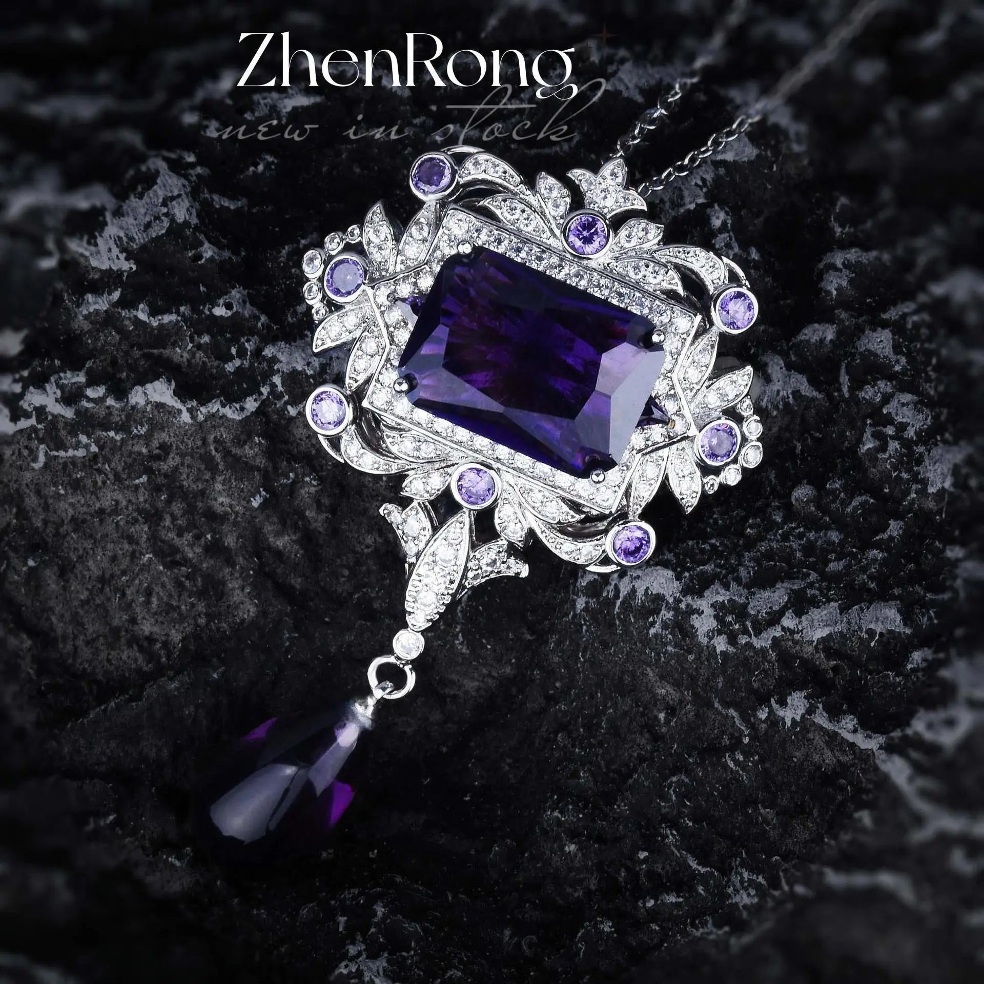 Elegant Vintage Rectangle Purple CZ Pendant Necklace Bazaare Mart Purple CZ Pendant Necklace