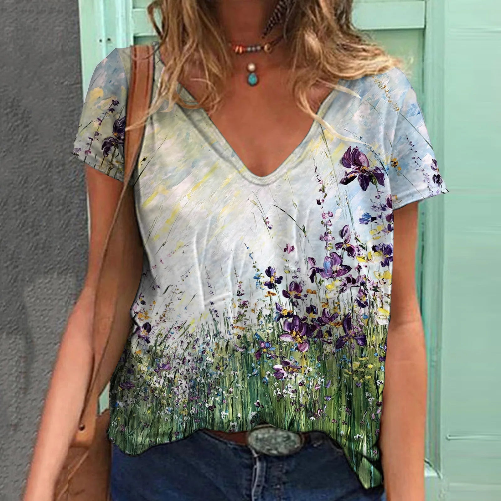 Floral Print V-Neck T-Shirts VTF66D20232915J Bazaare Mart Floral V-Neck Tee