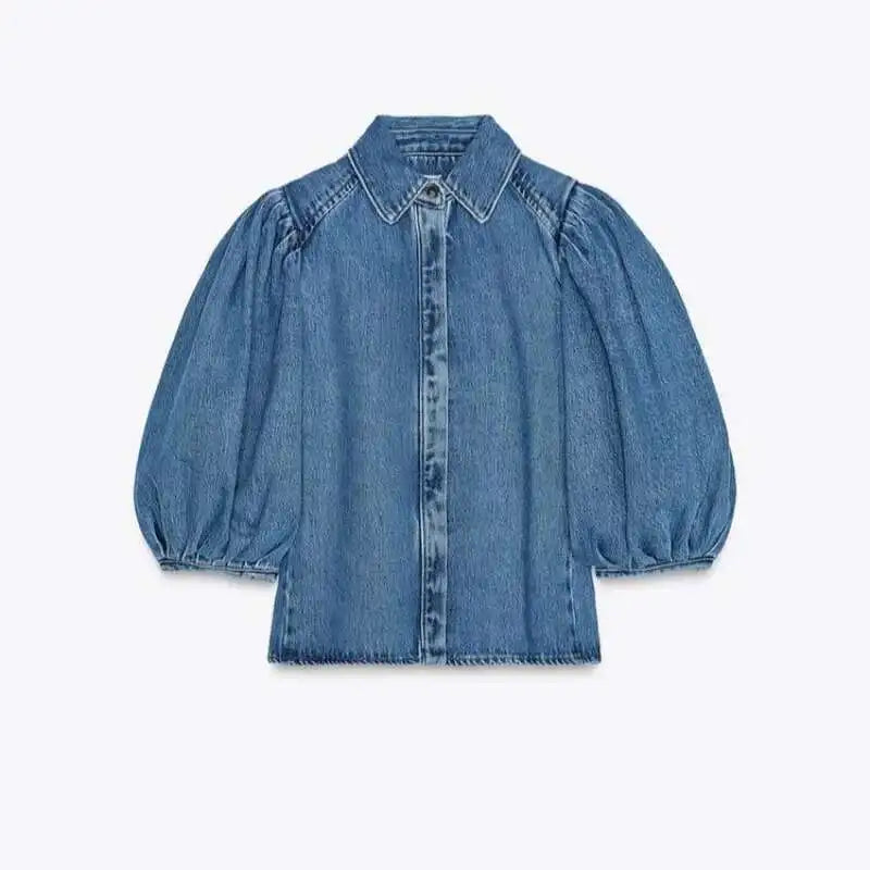 Denim Puff Sleeve Shirt & Wide Leg Jeans