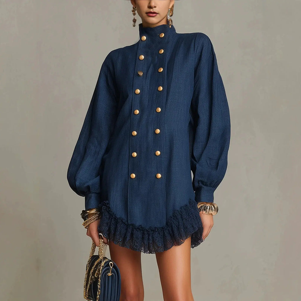 Denim Mini Dress – High Collar, Gold Buttons & Lace Ruffle Hem