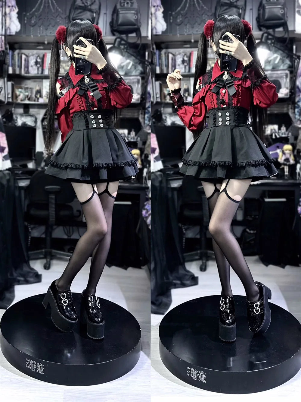 Dark Sweet Heart Ground Type Lolita Set, Ruffle Sleeve Top & A-line Skirt, Cute Kawaii Japanese Style Gothic Coord Outfit S-XL Bazaare Mart