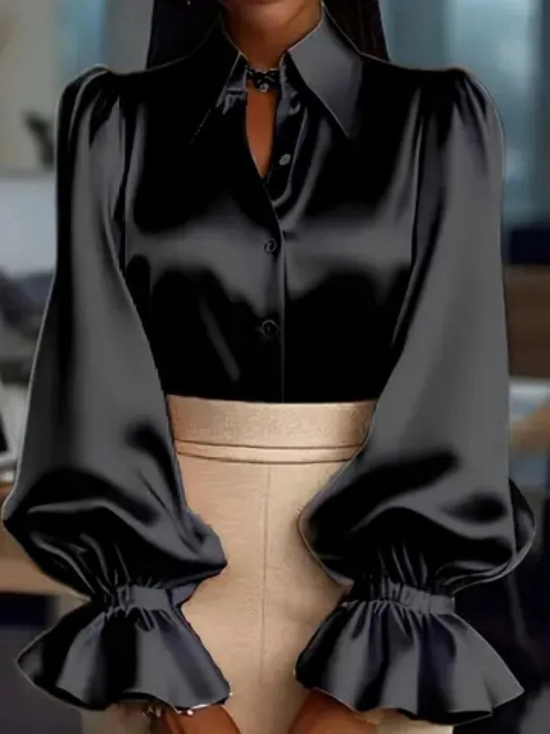 Fancy Satin Ruffled Cuff Long Puffed Sleeves Black Bazaare Mart Long Sleeve Button Up Blouse