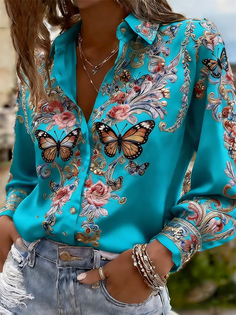Women’s 3D Floral Print Button-Up Shirt – Long Sleeve Branch Pattern Collared Blouse AO722 Bazaare Mart Blouses