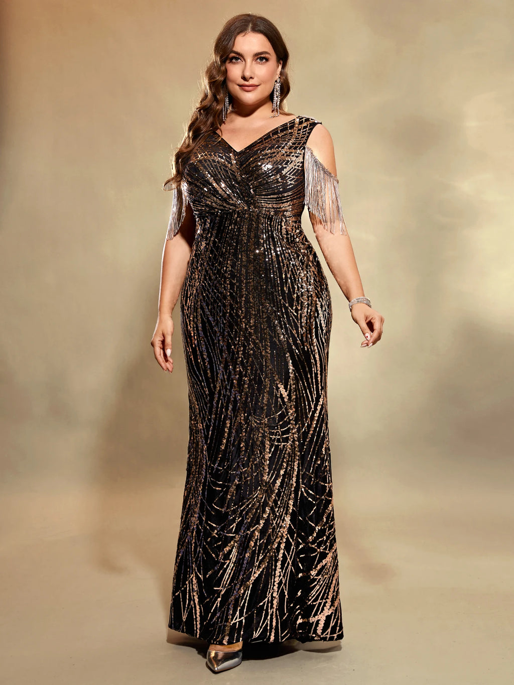 Sleeveless Fringed Gold Sequin Evening Gown Bazaare Mart Sleeveless Evening Gown