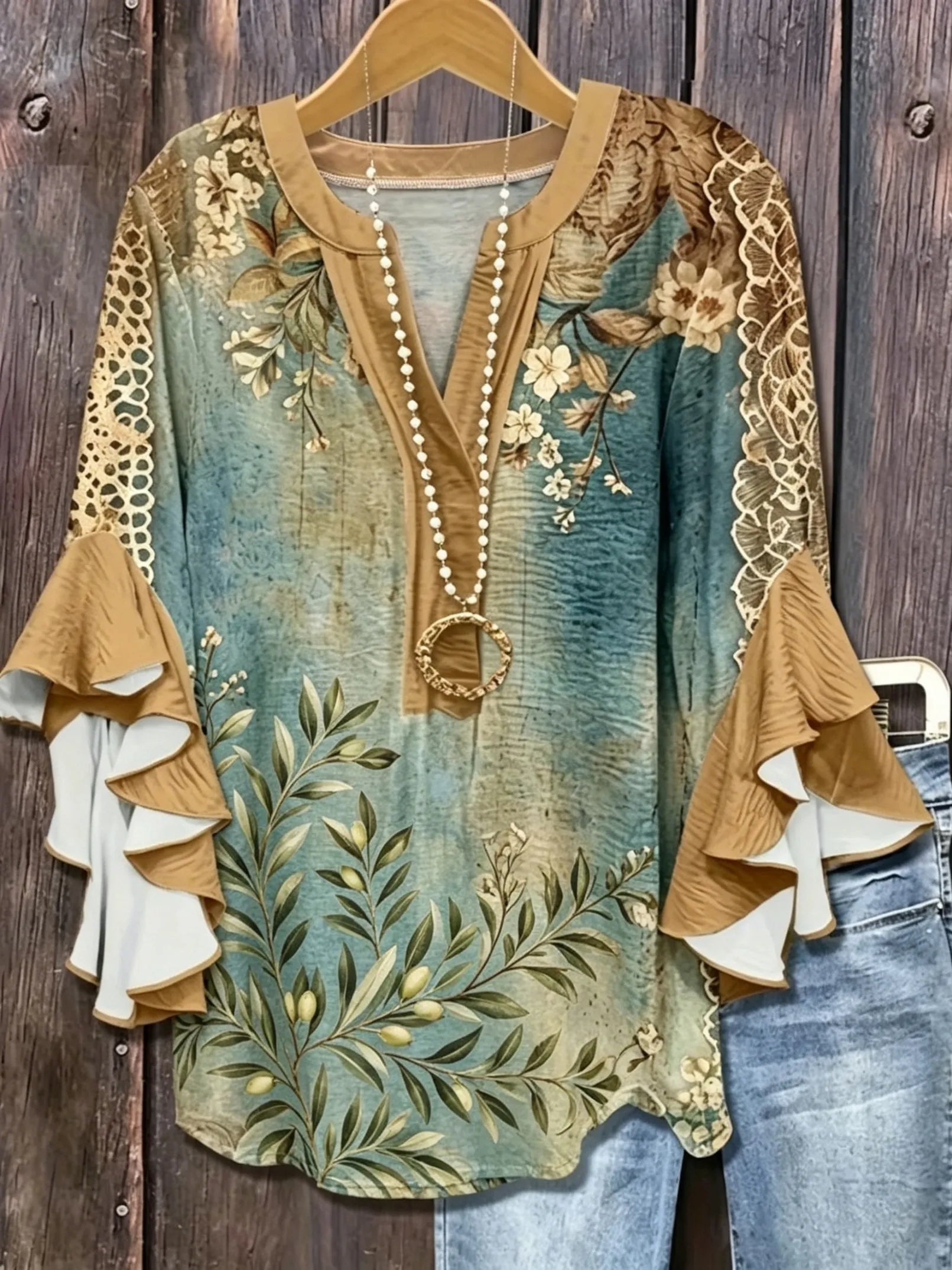 Women's Vintage Floral Lace Ruffle Sleeve Blouse | Elegant V-Neck Top HCHLF20261316K Bazaare Mart Ruffle Sleeve Blouse
