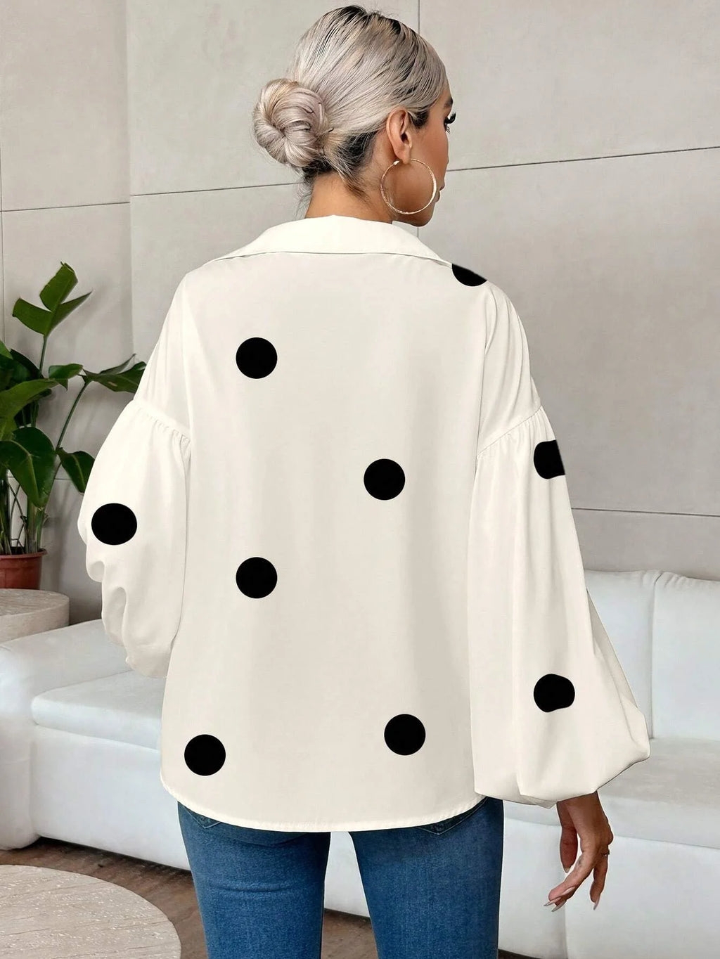 Boho Women's Blouses Spring Fall New Fashion French Polka Dot Half-neck Design Loose Puff Long-sleeve Top Casual Shirts Women Bazaare Mart