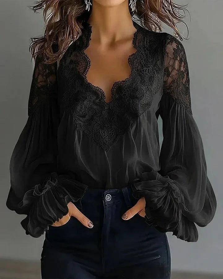 Lace-Trim V-Neck Chiffon Blouse with Long Puff Sleeves
