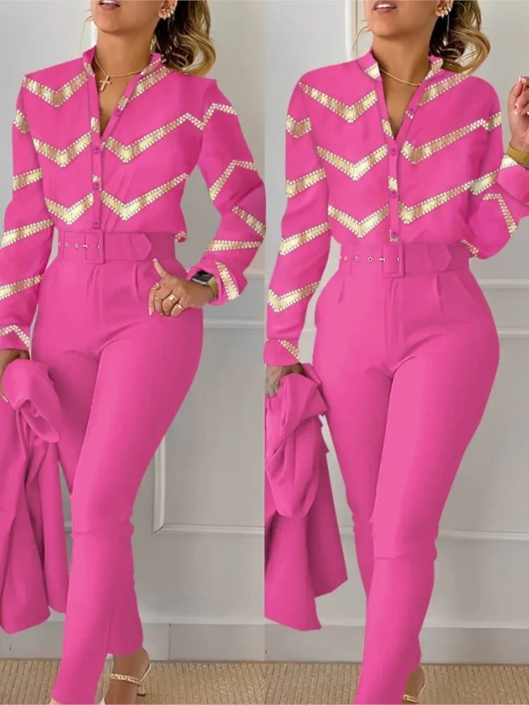 Print Long Sleeve Shirt Matching Pants Sets With Belt