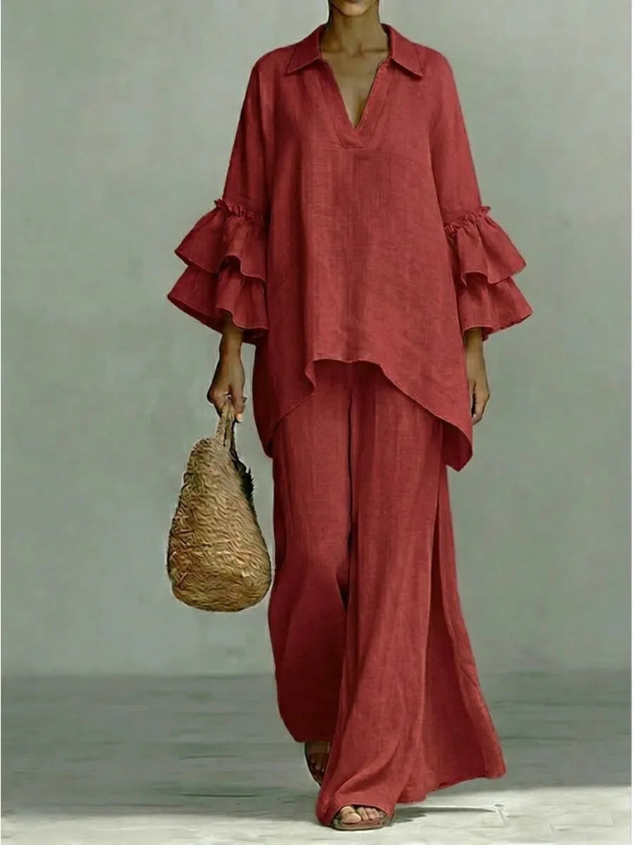 Women's 2-Piece Wide-Leg Pants Set with Ruffle Sleeves