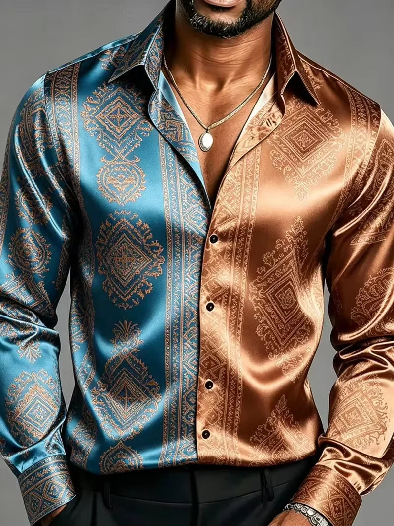Men's Satin Baroque Print Button-Up Shirt – Long Sleeve Luxury Dress Shirt