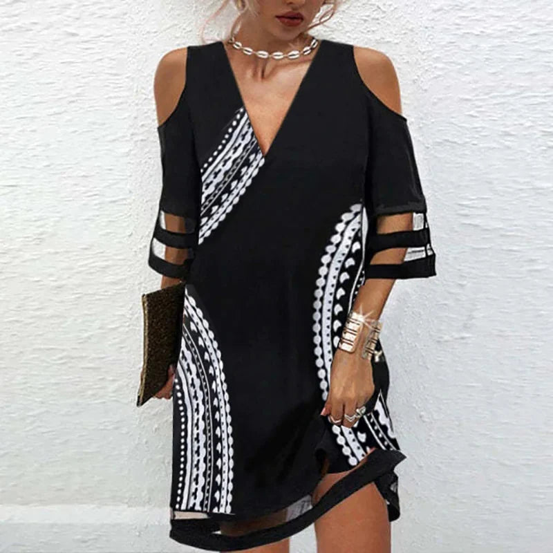 Summer Cold-Shoulder V Neck Stripe Mesh Sleeve Dress B&W Geo Bazaare Mart Black V-Neck Dress