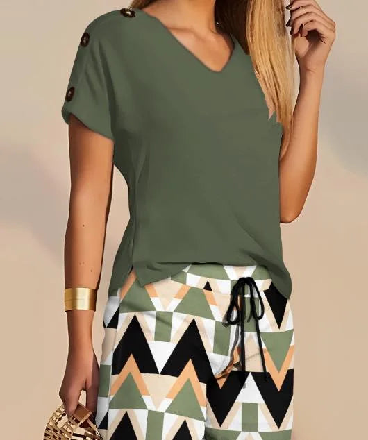Women's V-Neck Top & Drawstring Shorts Set – Casual Summer Two-Piece Outfit, Sizes S-3X Bazaare Mart Shorts Set